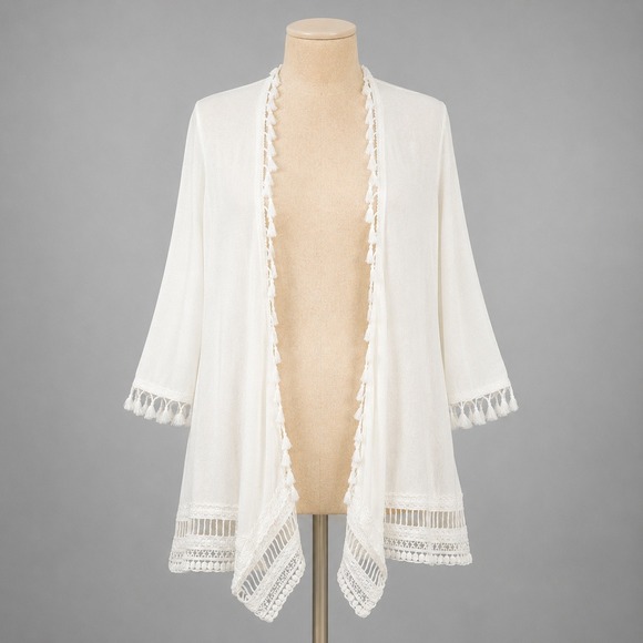 Unbranded Sweaters - Boho Crochet Lace Tassel Fringe Open Cardigan Size S White Festival Beach Layer